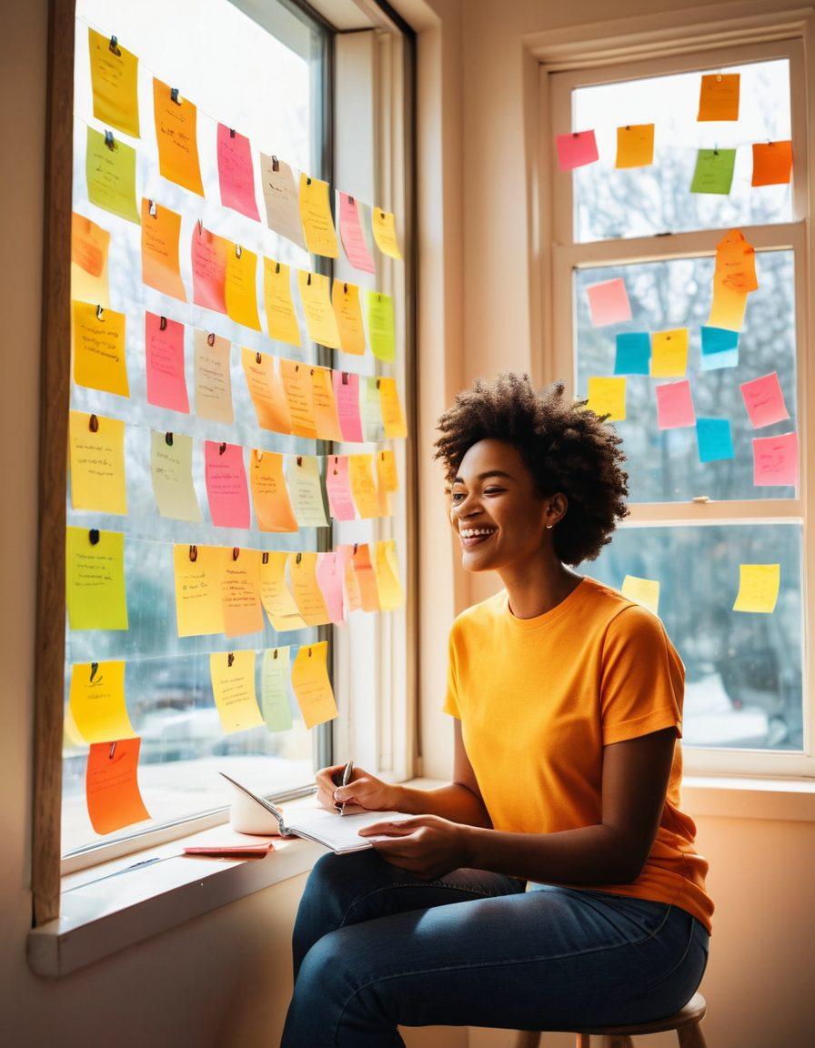 A diverse group of content creators gathered around a bright, oversized feedback board filled with colorful sticky notes and encouraging comments. Light beams shine through an open window, symbolizing positivity and inspiration. One creator is smiling while reading feedback, and another is jotting notes in a notebook. A whimsical, energetic atmosphere enhances the scene, showcasing creativity and collaboration. bright colors. modern illustration. uplifting style.