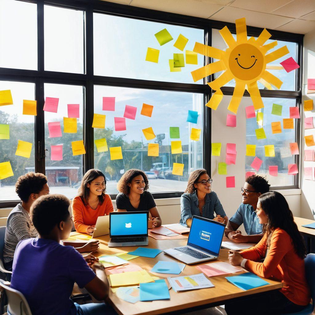 A colorful, cheerful classroom scene where diverse students are engaging in lively discussions about their content reviews, with bright sticky notes and positive feedback cards surrounding them. A radiant sunbeam shines through the window, symbolizing positivity and inspiration. Include illustrations of books and laptops showcasing their insightful work. vector art. vibrant colors.