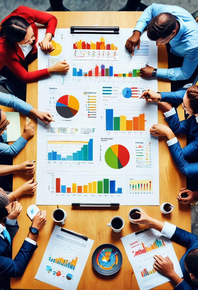 A vibrant scene showcasing a diverse group of analysts joyfully discussing reviews around a large table, with colorful charts and graphs illustrating positive insights. The atmosphere is bright and festive, symbolizing transformation from negativity to positivity. Elements like smiling emojis and thumbs-up icons float in the background, enhancing the theme of cheerful analysis. super-realistic. vibrant colors. digital art.